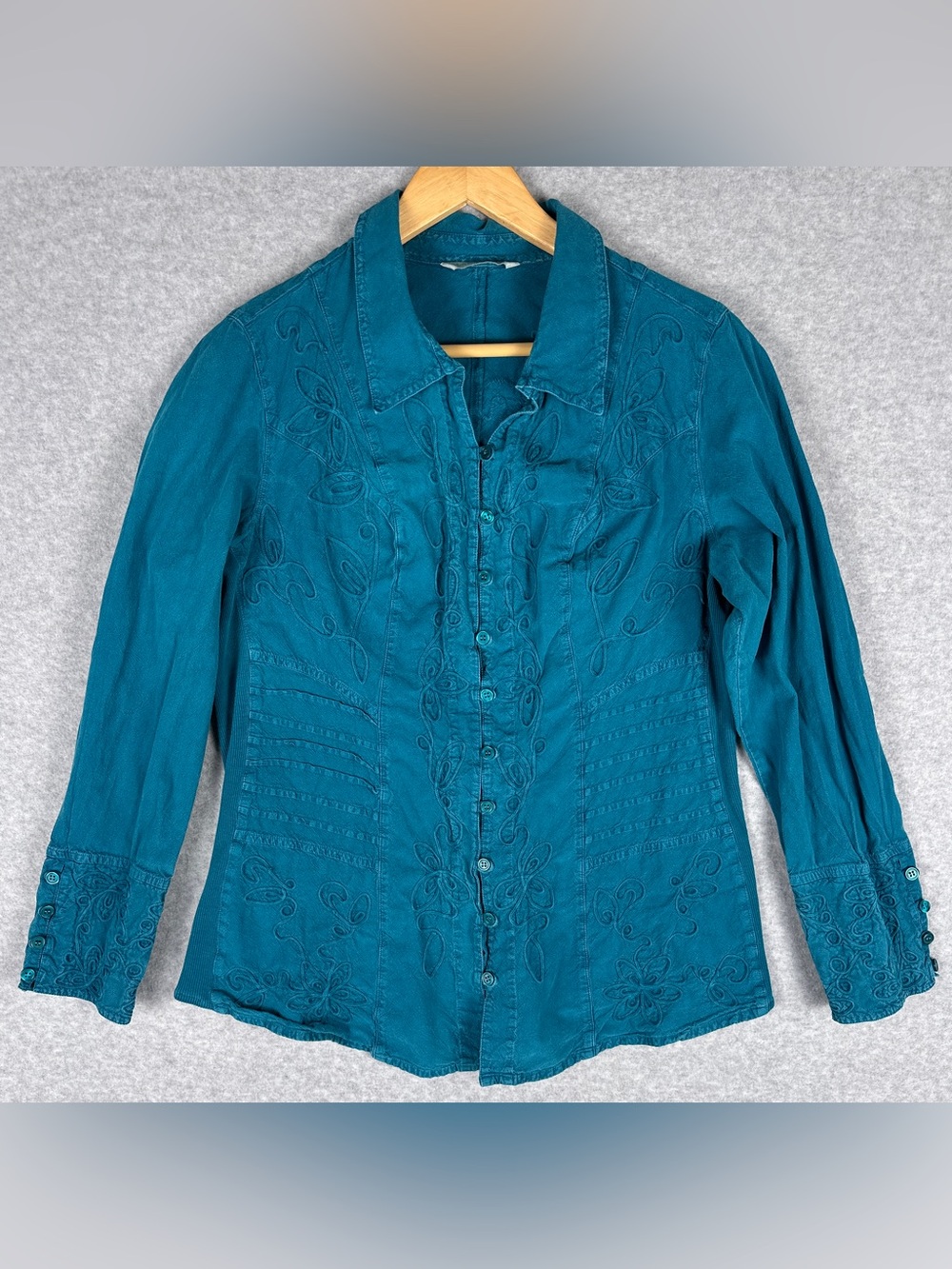 Soft Surroundings Teal Embroidered Button Front Shirt Top Medium Boho Cotton